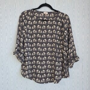 Pixley Womens S Elephant Print Blouse 3/4 Roll Tab Sleeve Sheer Black Chiffon